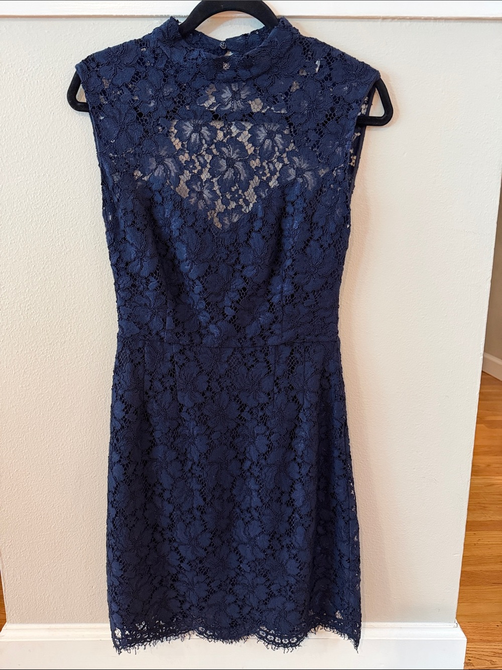 Sandro Paris Rome Navy Lace Midi Dress with High Neck Size 1